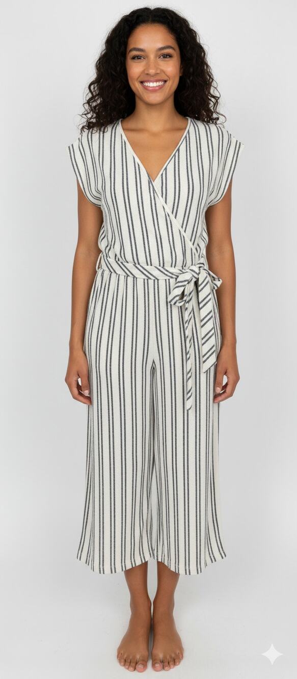 Caution To The Wind White Striped Faux Wrap Tie Waist Crop Jumpsuit Womens M NWT